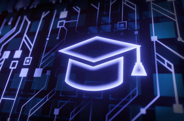 istock Futuristic education concept with glowing digital circuit background 1365903979