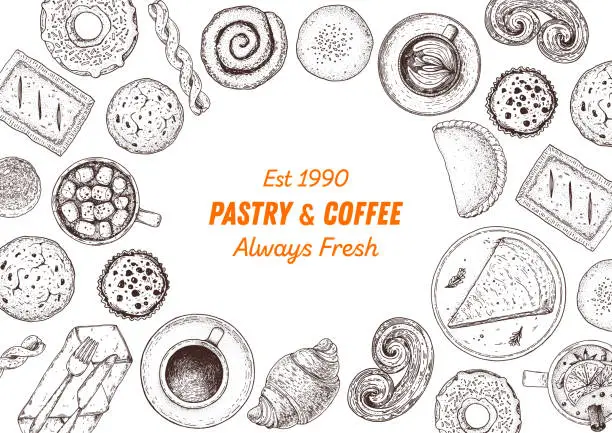 Vector illustration of Pastry and coffee. Coffee house menu. Illustration of different baked goods. Hand drawn vector illustration. Bakery sketch. Background template for design. Engraved food image. Top view.