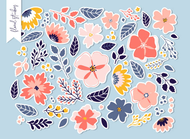 floral stickers set Set of isolated stickers of flowers, branches and leaves. Good for planners, prints, scrapbooking, cards decor, sublimation, etc. EPS 10 tropical blossom stock illustrations