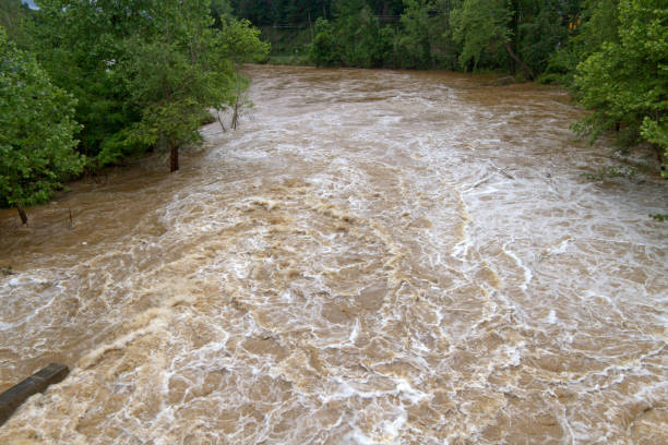 The wildly turbulent, muddy water of a flooding river after days of rain