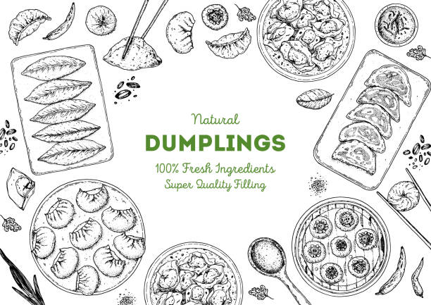 Dumplings top view frame. Food menu design template. Hand drawn vector illustration. Chinese dumplings. Vintage illustration. Hand drawn food sketch. Design template. Dumplings top view frame. Food menu design template. Hand drawn vector illustration. Chinese dumplings. Vintage illustration. Hand drawn food sketch. Design template. dumpling stock illustrations