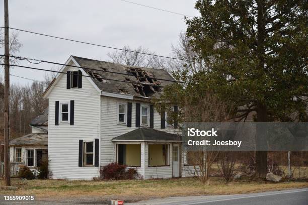 Storm Damaged Rural House Stock Photo - Download Image Now - Rooftop, House, Damaged