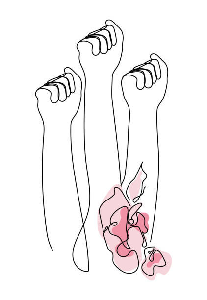 illustrazioni stock, clip art, cartoni animati e icone di tendenza di girl power pugno sollevato con fiori rosa. le donne libertà e unione. vettore femminista in una riga d'arte per la giornata internazionale della donna - patriarchy