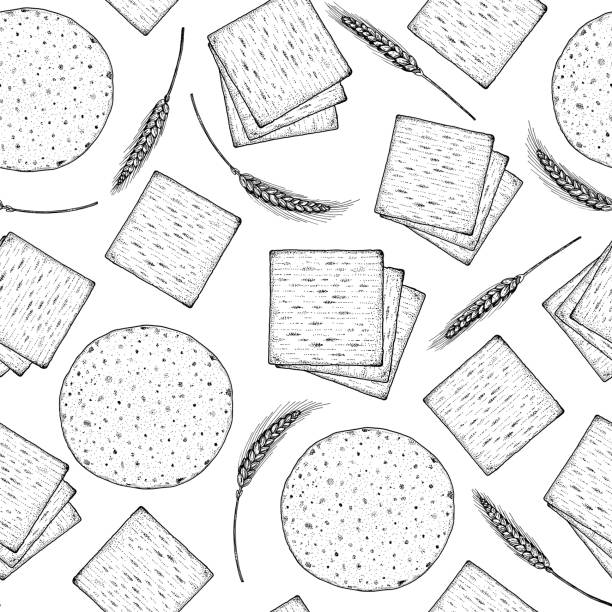 illustrazioni stock, clip art, cartoni animati e icone di tendenza di modello matzo senza cuciture. illustrazione vettoriale. bianco e nero. schizzo disegnato a mano, menu e design del pacchetto. cibo ebraico. - matzo