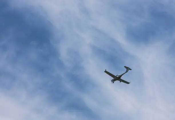 Photo of small plane flying low in the sky with space for text