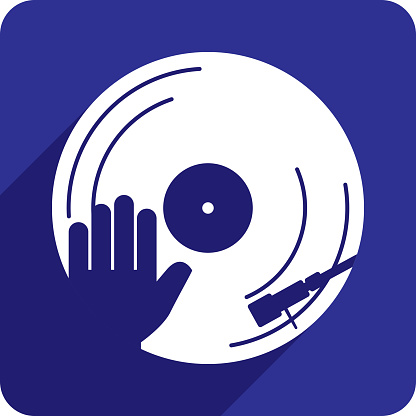 Vector icon of a vinyl record with hand and stylus against a blue background in flat style.