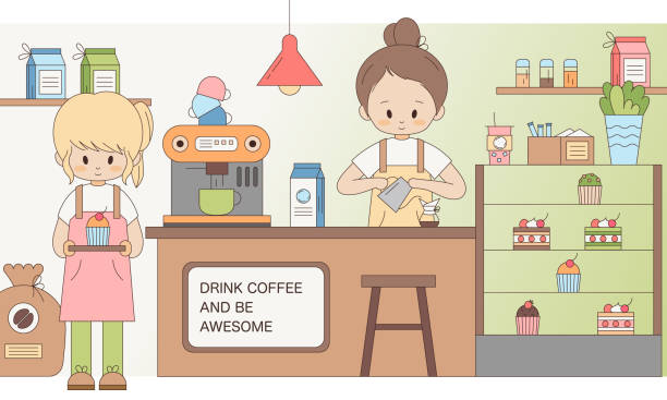 illustrazioni stock, clip art, cartoni animati e icone di tendenza di simpatici personaggi di ragazze barista che servono bevande illustrazione. cameriere part-time all'interno di una caffetteria - macinino da caffè, macchina, latte, cupcakes, torte. - bar women silhouette child