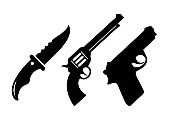 Weapon icons, knife revolver and fire gun vector silhouettes Weapon vector icons set isolated on white background, fire gun, revolver and knife colts stock illustrations