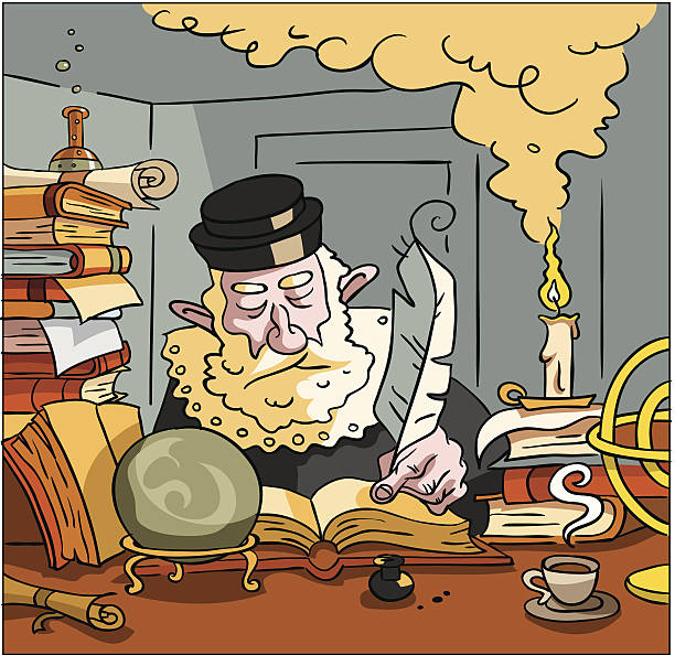 Nostradamus writing the future Funny cartoon of Nostradamus, old man, wizard with quill pen writing the future in his small Smokey room with crystal ball and cap of coffee, White candle light nostradamus stock illustrations