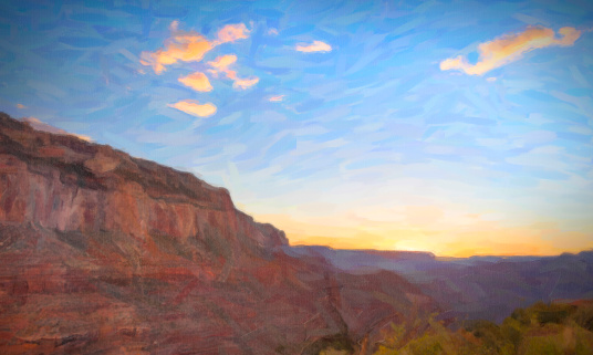 Watercolor illustration of beautiful sunset with red mountains