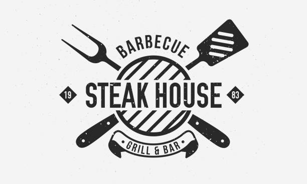 Steak House, barbecue icon template. BBQ emblem with grill fork, spatula and ribbon banner. Trendy vintage poster. Vector illustration Vector illustration bbq logos stock illustrations