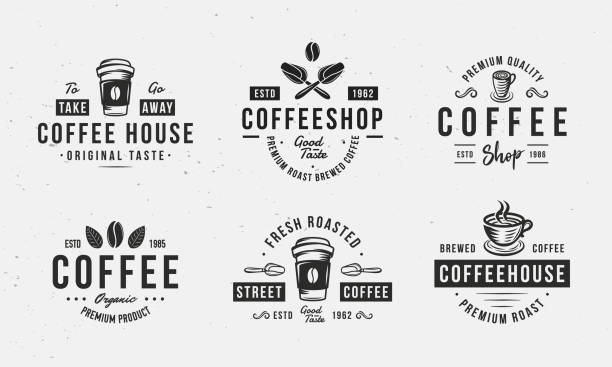 커피 아이콘 세트입니다. 커피 엠블럼 컬렉션, 카페, 커피숍, 레스토랑 디자인 라벨. 커피 컵, 콩, 국자. 벡터 일러스트레이션 - coffee stock illustrations