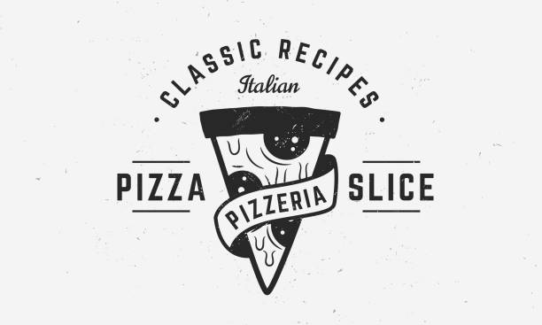 Pizza icon. Vintage pizza icon, poster with pizza slice and ribbon banner. Poster template for restaurant, pizzeria, bakery. Vector illustration Vector illustration pizza slice stock illustrations