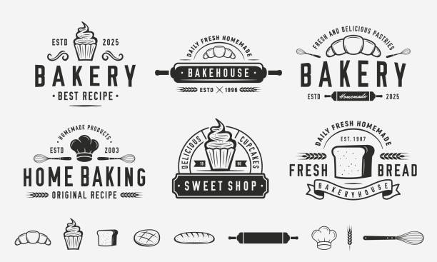 bakery icon set. 6 emblem templates and 13 design elements for bakery icon design. vintage icon collection for bakery. vector illustration - baking stock illustrations