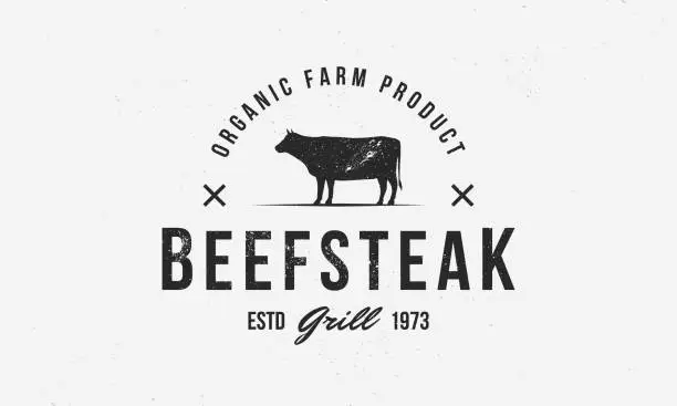 Vector illustration of Beef icon. Beef steak icon template with cow silhouette and grunge texture. Poster design for restaurant, steakhouse. Vector illustration