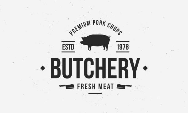 Butchery icon. Butchery emblem template with pig silhouette and meat cleavers. Vector illustration Vector illustration barbecue pork stock illustrations