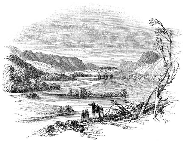ilustraciones, imágenes clip art, dibujos animados e iconos de stock de paisaje alrededor de inverness, escocia - siglo 11 - old fashioned scenics engraving river