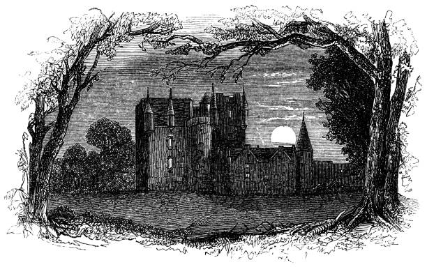 Glamis Castle at the village of Glamis in Angus, Scotland (circa 11th century) in the play Macbeth from the Works of William Shakespeare. Vintage etching circa mid 19th century.