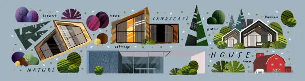 Vector illustration of Landscape, nature, house. Vector illustrations of modern architecture, cottage and chalet surrounded by forests, mountains, trees, lake, river. Drawings for poster, background or cover