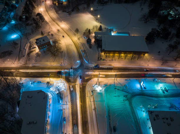 Flying over villa area, winter,Toronto