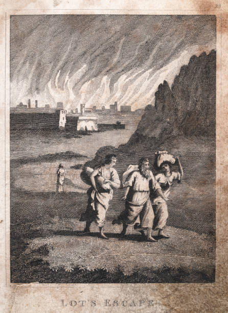 Lot's Escape from a Wicked City, Destruction of Sodom, biblical Book of Genesis, Old Testament Vintage illustration of Lot's Escape from a Wicked City, from biblical Book of Genesis, Old Testament.  1820s Scripture History, Rev. J B Watkins Armageddon Bible stock illustrations