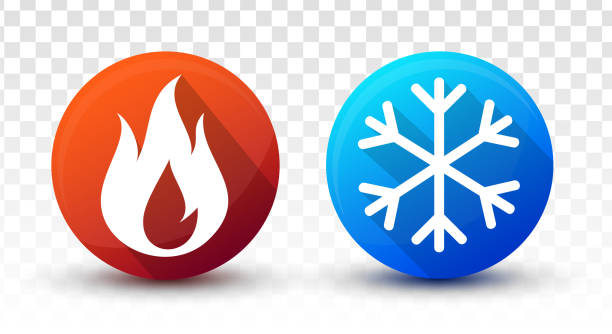 3d горячая и холодная иконка с пламенем и снежинкой. концепция дизайна кнопки охлаждения и нагрева на прозрачной. векторная иллюстрация - circle natural phenomenon water snow stock illustrations