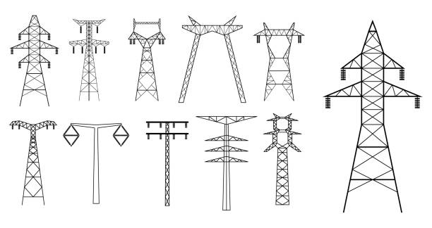 ilustrações, clipart, desenhos animados e ícones de conjunto de ícone de linha elétrica de alta tensão ou torres de alta tensão pylons transmissão de energia ou rede de postes de pilares elétricos. vetor eps - electricity pylon
