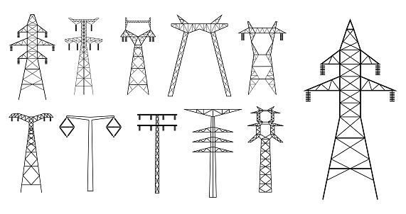 set of high voltage electric line icon or towers high voltage pylons power transmission or electric pylons pole network. eps vector