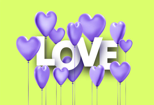 istock White paper love sign among 3d violet realistic balloons in heart shape. 1365935311