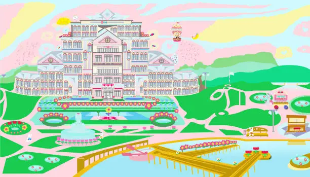 Vector illustration of Bright Colorful Eight-Storey Classy Crystal Bunny Rabbit Hotel and Suites Building with Elevators, Fountain, Flowerbed and Boat Pier Cartoon Style Children's Art Illustration 2021