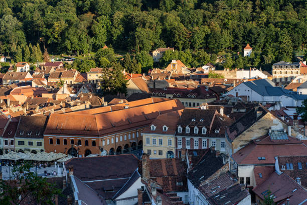View of the old town of romanian city brasov taken from the white tower stock photo