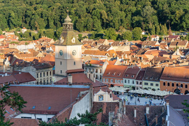 View of the old town of romanian city brasov taken from the white tower stock photo