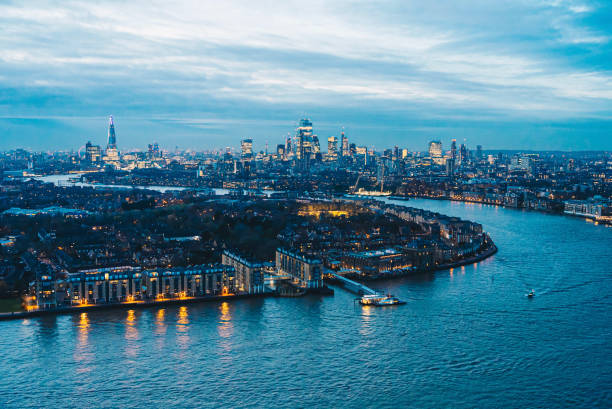 Drone view city skyline at night