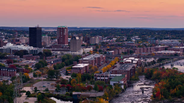 istock Colorful Fall Evening in Manchester, NH - Aerial 1365938782