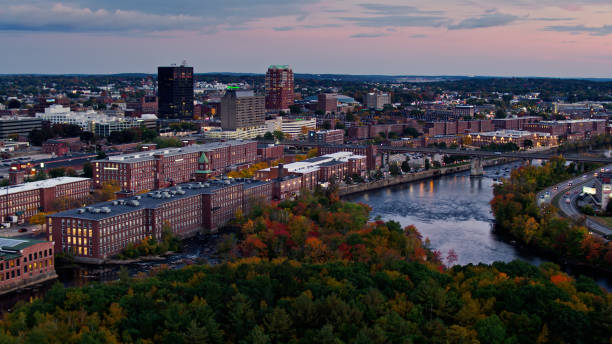 istock Fall Colors in Manchester, NH at Dusk - Aerial 1365938798