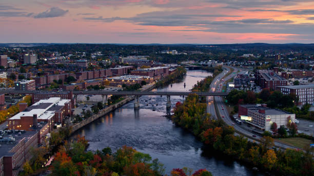 istock Drone Shot Over Manchester, NH at Dusk 1365938799