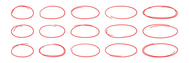 Hand drawn red ovals set. Ovals of different widths. Highlight circle frames. Ellipses in doodle style. Set of vector illustration isolated on white background Hand drawn red ovals set. Ovals of different widths. Highlight circle frames. Ellipses in doodle style. Set of vector illustration isolated on white background. pen stock illustrations