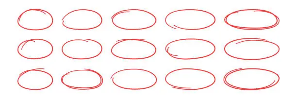 Vector illustration of Hand drawn red ovals set. Ovals of different widths. Highlight circle frames. Ellipses in doodle style. Set of vector illustration isolated on white background