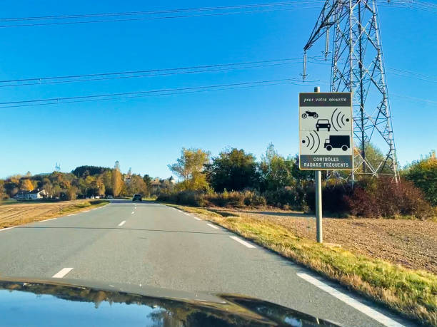 road sign of french speed limit control stock photo