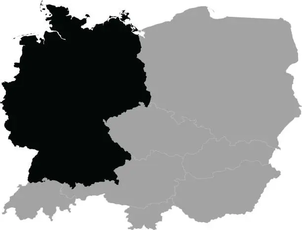 Vector illustration of Black Map of Germany within the gray map of Central Europe