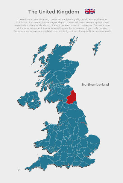 Vector map United Kingdom or county Northumberland United Kingdom, England - illustration map divided on counties. Blank Great Britain map isolated on white background. Vector template county Northumberland for website, pattern, infographic modern map north east england uk stock illustrations