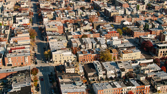 Aerial shot of residential streets in the Canton neighborhood of Baltimore, Maryland.