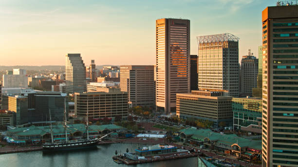 istock Drone Shot of Inner Harbor in Baltimore, MD at Sunset 1365952704