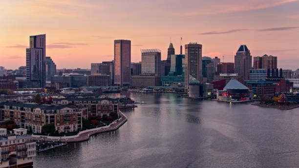 istock Colorful Sunset in Baltimore Inner Harbor - Aerial 1365952889