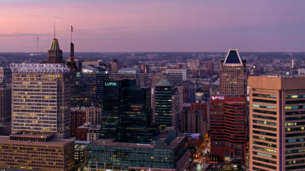 istock Drone Shot of Downtown Baltimore at Nightfall 1365953222