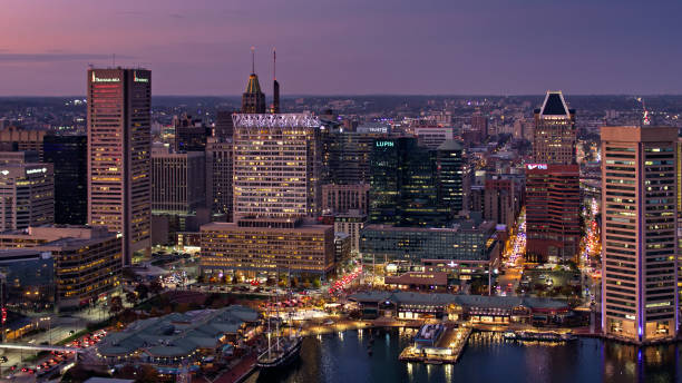 istock Drone Shot of Downtown Baltimore and Inner Harbor at Twilight 1365953223