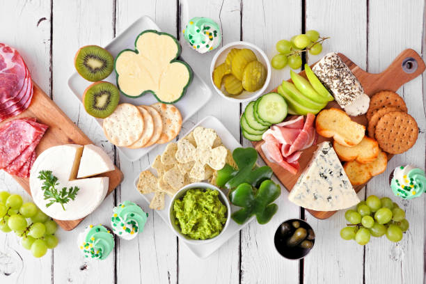 istock St Patricks Day charcuterie top down view table scene against white wood 1365953450