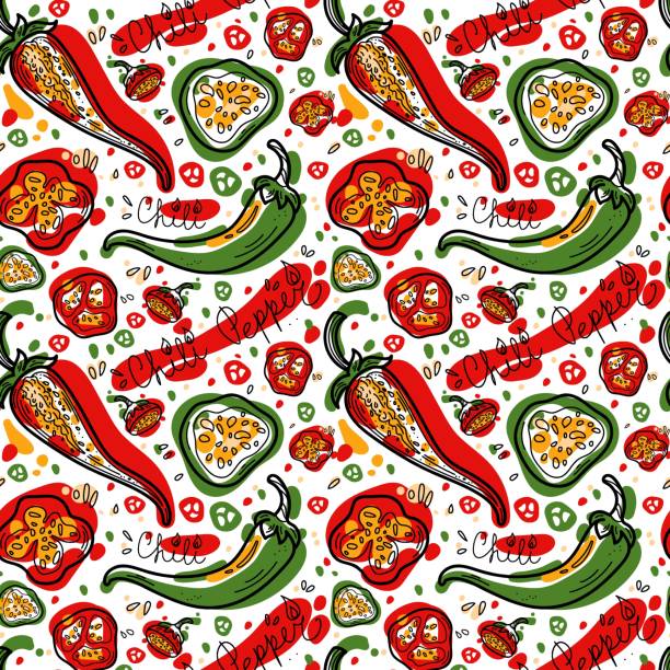 illustrazioni stock, clip art, cartoni animati e icone di tendenza di modello vettoriale senza cuciture con peperoncini disegnati a mano. - pepper vegetable red green