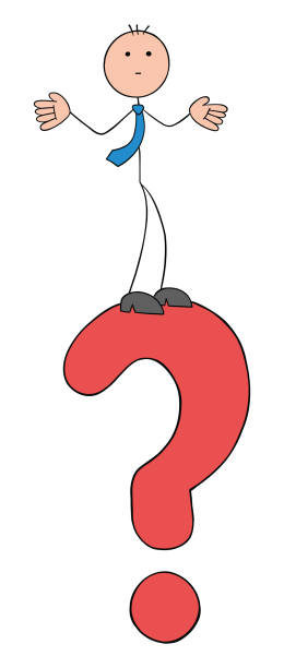istock Stickman businessman standing on question mark and confused, hand drawn outline cartoon vector illustration 1365955621