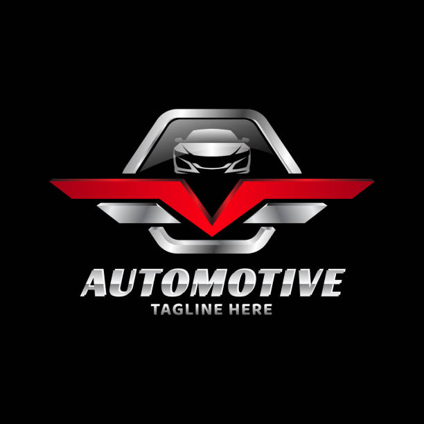 illustrazioni stock, clip art, cartoni animati e icone di tendenza di badge metallico automotive modello logo vettoriale 02 - automotive accessories